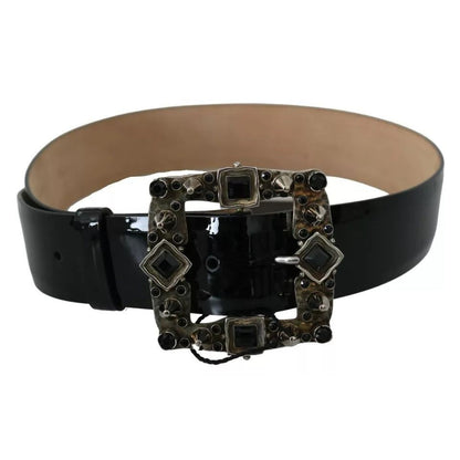 Dolce & Gabbana Black Shiny Leather Crystal Logo Buckle Belt