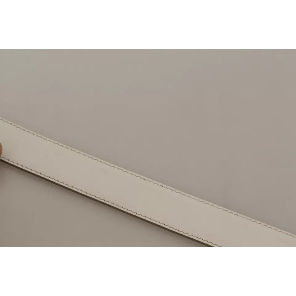 Dolce & Gabbana White Leather Gold Logo Engraved Metal Buckle Belt