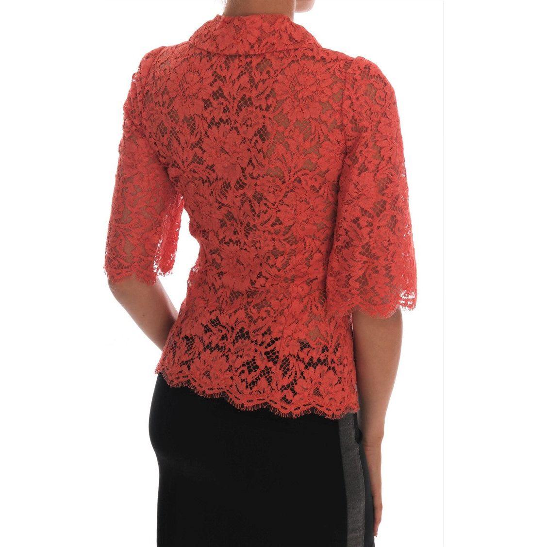 Dolce & Gabbana Orange Crystal Buttons Floral Lace Blouse