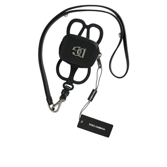 Dolce & Gabbana Black Calfskin Leather DG Logo Coin Purse Lanyard Wallet SMY10336
