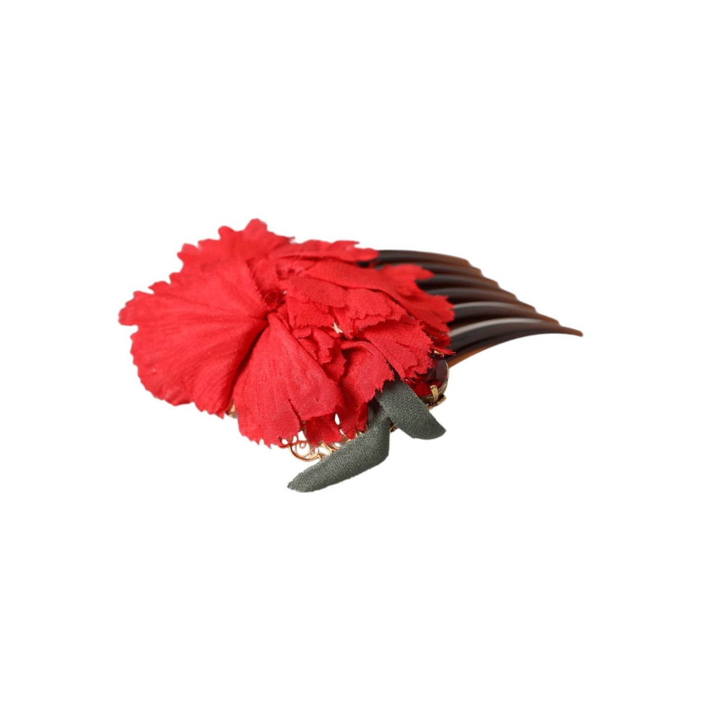 Dolce & Gabbana Red Silk Floral Gold Brass Women Hair Comb FASHION ACCESSORIES