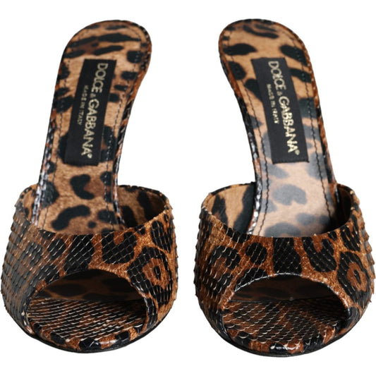 Dolce & Gabbana Brown Leopard Leather Slides Heels Sandals Shoes Dolce & Gabbana Dark Slate Gray