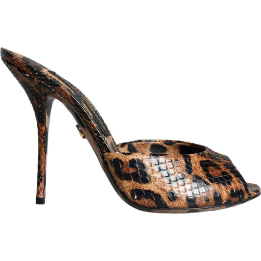 Dolce & Gabbana Brown Leopard Leather Slides Heels Sandals Shoes Dolce & Gabbana Dark Slate Gray