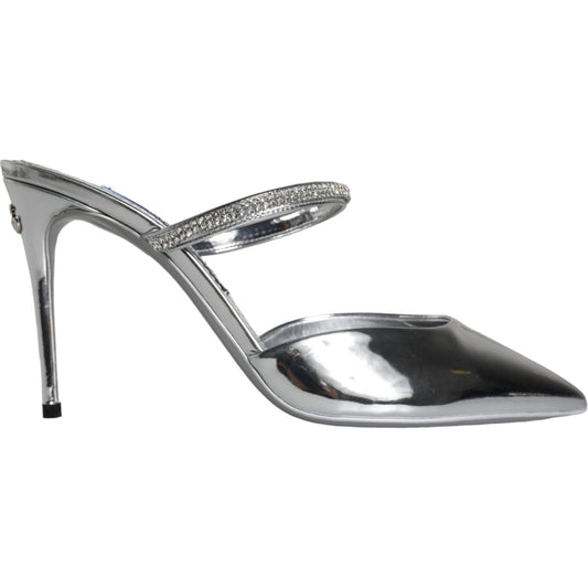Dolce & Gabbana Silver Crystal Leather Slip On Sandals Shoes Dolce & Gabbana Light Slate Gray