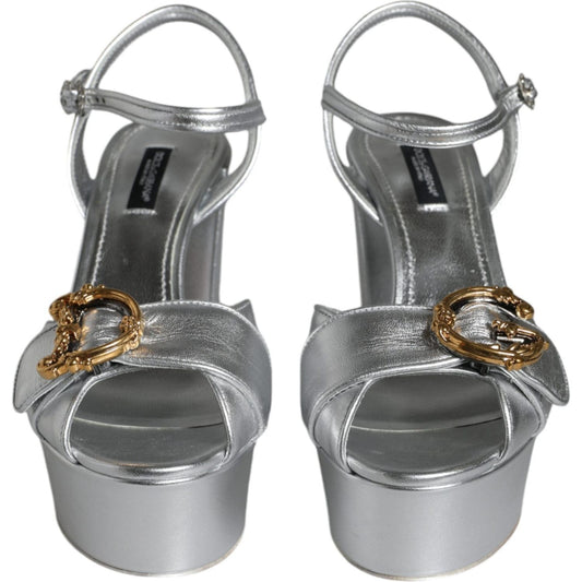 Dolce & Gabbana Silver Leather Platform Logo Keira Sandals Shoes Dolce & Gabbana Dim Gray