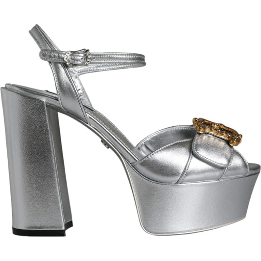 Dolce & Gabbana Silver Leather Platform Logo Keira Sandals Shoes Dolce & Gabbana Light Slate Gray