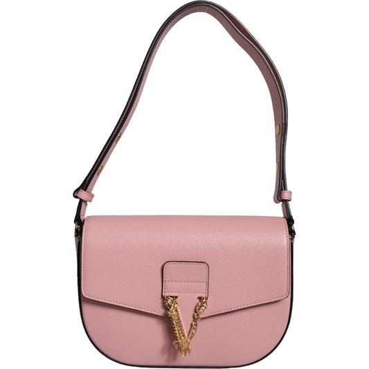 Versace Pink Grainy Calf Leather Logo Crossbody Shoulder Bag Versace Rosy Brown