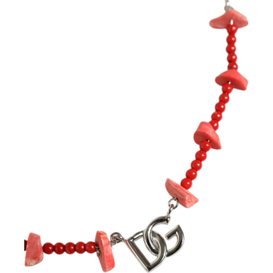Dolce & Gabbana Silver Tone Brass Beaded Resin DG Logo Chain Necklace Necklace Dolce & Gabbana Maroon