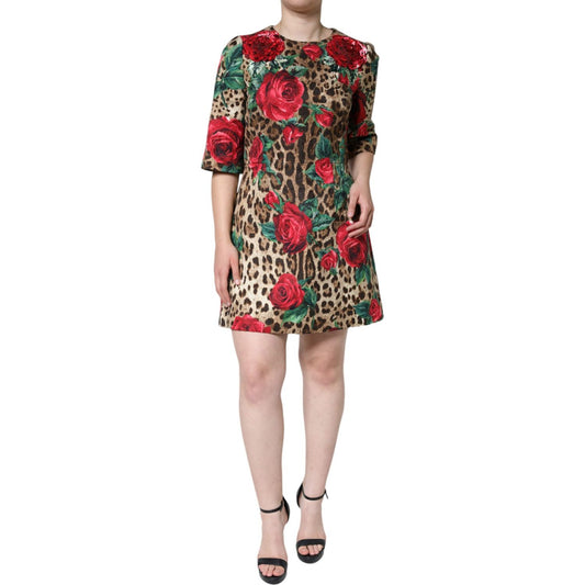 Dolce & Gabbana Brown Leopard Red Roses Cotton A-line Dress DR281207-40