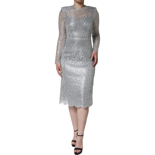 Dolce & Gabbana Silver Floral Lace Bodycon Sheath Midi Dress Dolce & Gabbana Dark Gray