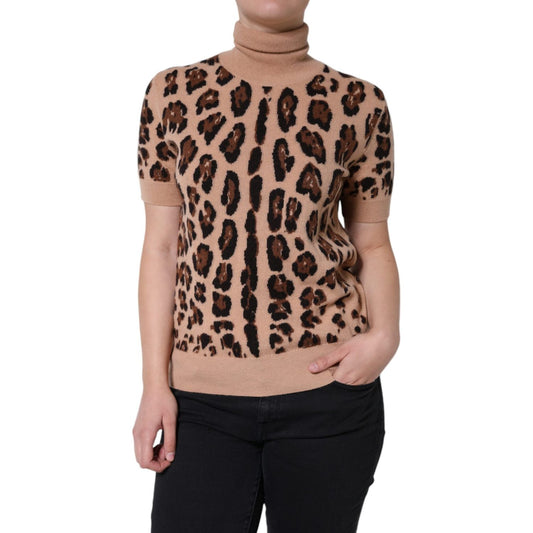 Dolce & Gabbana Beige Leopard Print Wool Turtleneck Top Dolce & Gabbana Rosy Brown