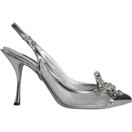 Dolce & Gabbana Silver Mesh Crystal Embellished Slingback Shoes Dolce & Gabbana Light Slate Gray