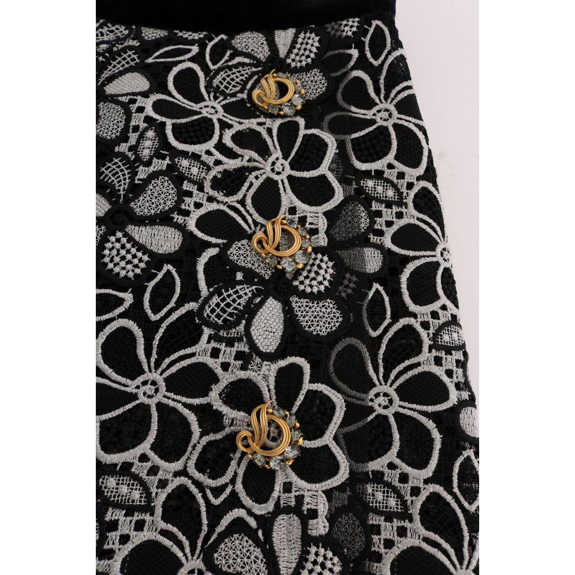 Dolce & Gabbana Floral Macramé Lace Crystal Button Skirt
