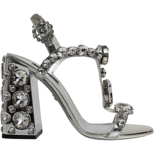 Dolce & Gabbana Silver Leather T-strap Crystal Sandals Shoes Dolce & Gabbana Light Slate Gray