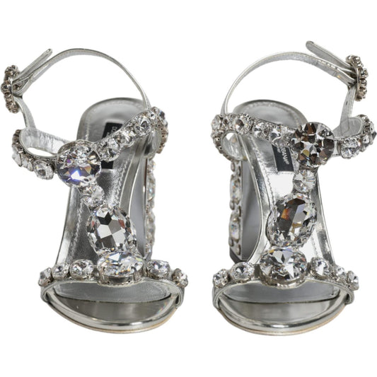 Dolce & Gabbana Silver Leather T-strap Crystal Sandals Shoes Dolce & Gabbana Light Slate Gray