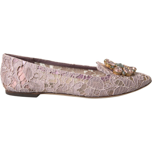 Dolce & Gabbana Pink Lace Crystal Ballet Flats Loafers Shoes Dolce & Gabbana Rosy Brown