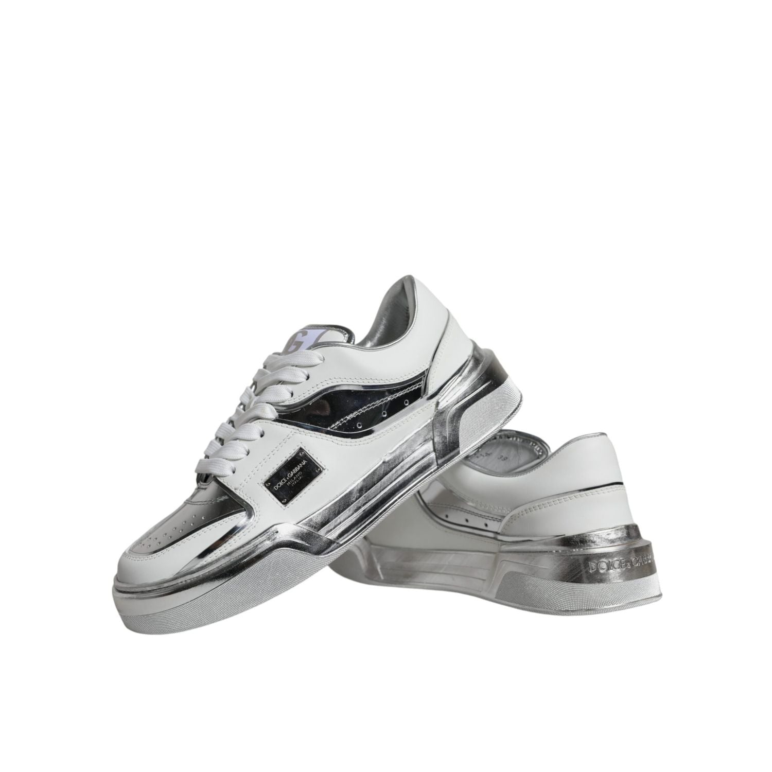 Dolce & Gabbana White Silver Leather Low Top Sneakers Shoes