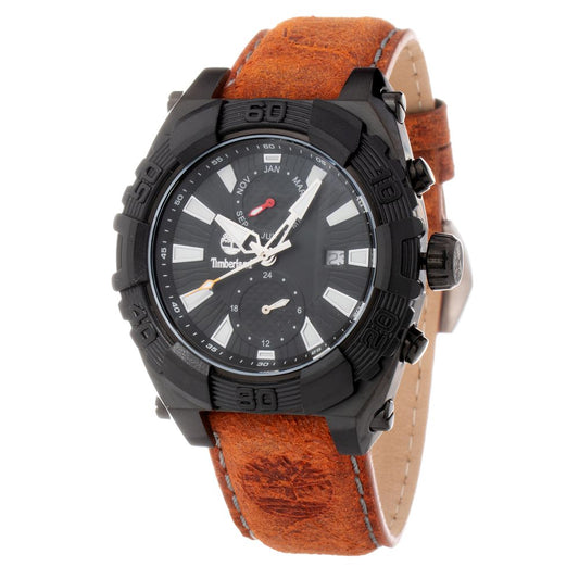 Timberland Brown Leather Dress Watch with black stainless steel case, quartz mechanism, and mineral glass. Water resistant up to 10ATM.