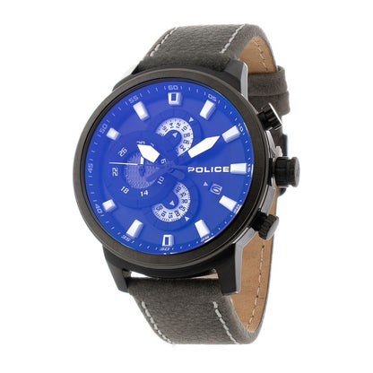 Police Gray Leather Dress Watch with stainless steel case, blue dial, grey leather strap, analog quartz movement, and buckle closure.