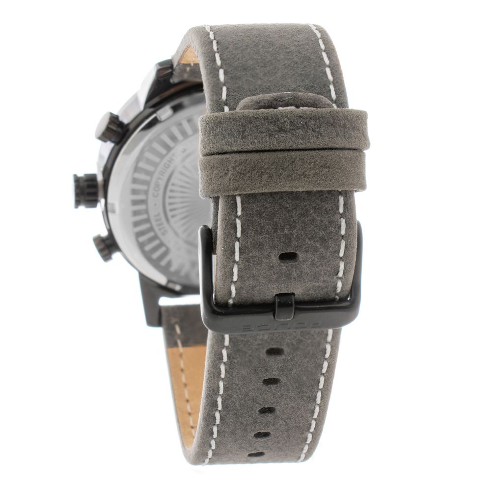 Back view of Police Gray Leather Dress Watch featuring a grey leather bracelet and stainless steel case with analog display.