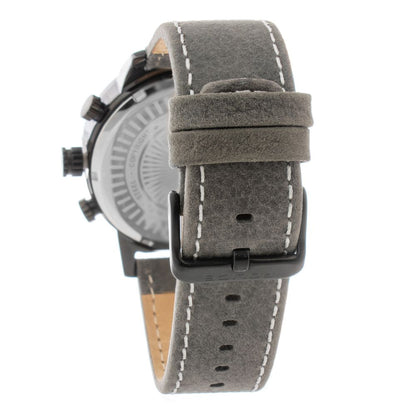 Back view of Police Gray Leather Dress Watch featuring a grey leather bracelet and stainless steel case with analog display.