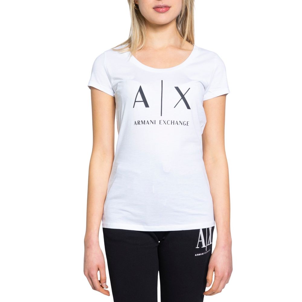 Armani Exchange White Cotton T-Shirt modeled on woman, features short sleeves, brand logo, ideal for summer casual looks.