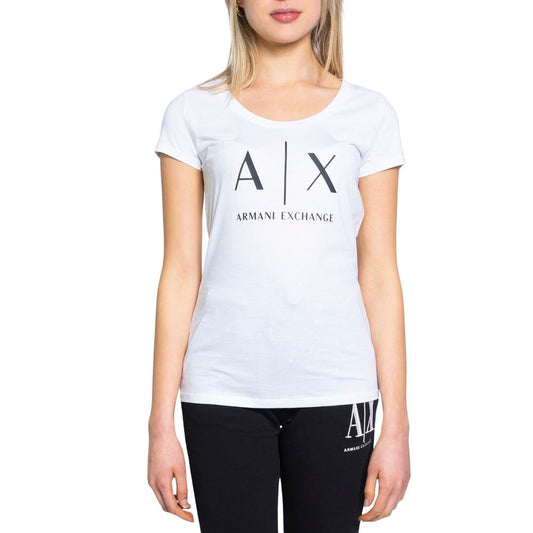 Armani Exchange White Cotton T-Shirt modeled on woman, features short sleeves, brand logo, ideal for summer casual looks.