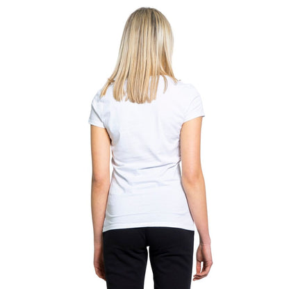 Back view of woman wearing Armani Exchange White Cotton T-Shirt, showcasing short sleeves and elegant design.