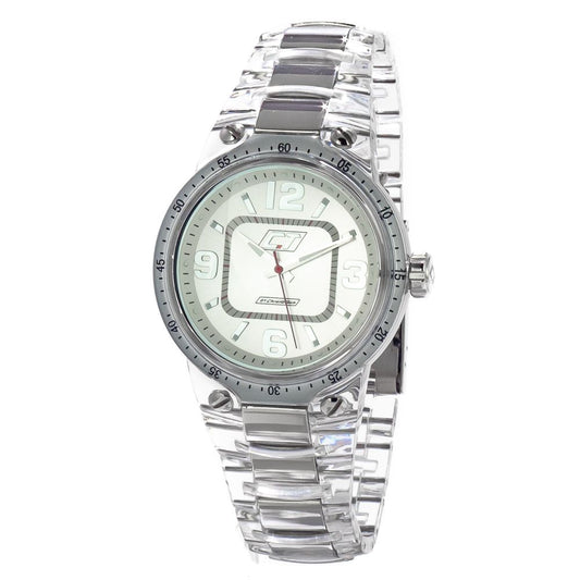 Chronotech Transparent Polycarbonate Dress Watch with silver dial and transparent bracelet showcasing quartz mechanism.