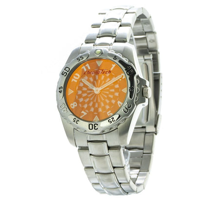 Chronotech Silver Stainless Steel Dress Watch with orange dial, quartz mechanism, steel case, and bracelet, analog display, 39mm diameter.