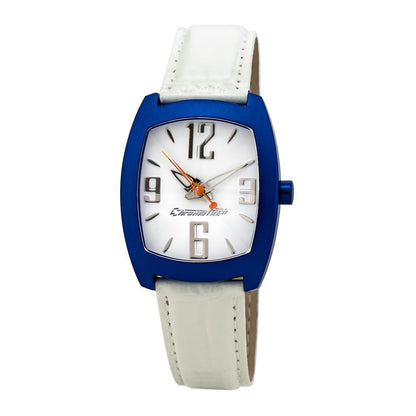 Chronotech White Leather Dress Watch with blue polycarbonate case, analog quartz mechanism, white dial, buckle closure, 36mm diameter.