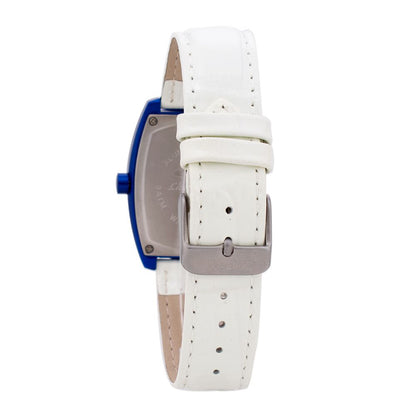 Back view of Chronotech White Leather Dress Watch with blue polycarbonate case and white leather strap, featuring a buckle closure.