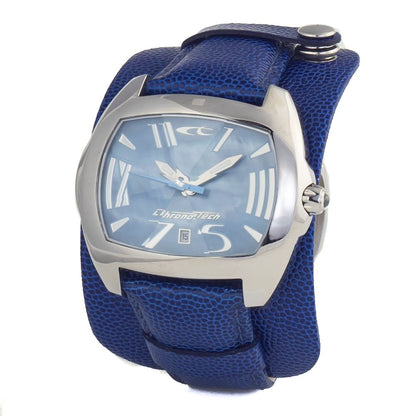 Chronotech Silver Stainless Steel Dress Watch with blue dial, quartz mechanism, steel case, and analog display. Buckle closure.