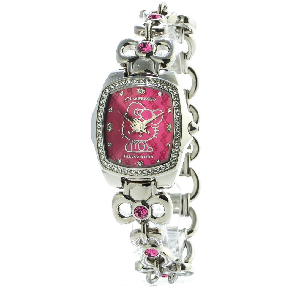 Chronotech Silver Stainless Steel Dress Watch with pink dial featuring Hello Kitty design and quartz analog display. Steel bracelet included.