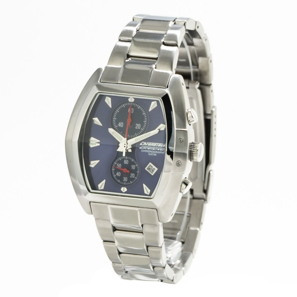Chronotech Silver Stainless Steel Dress Watch with blue dial, quartz mechanism, and analog display