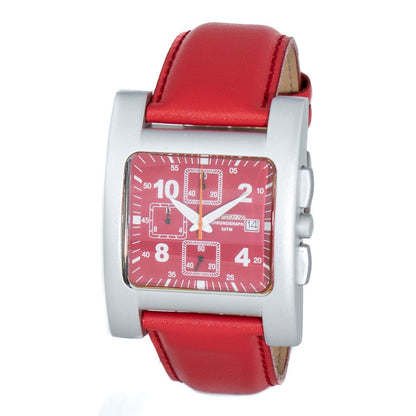 Chronotech Red Leather Dress Watch with aluminum case, red dial, quartz mechanism, and moon phase function. No water resistance. 40mm dial.