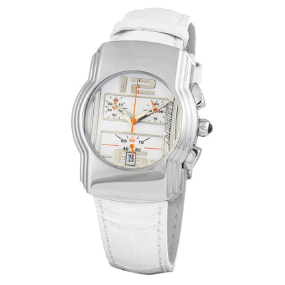Chronotech White Leather Dress Watch with quartz movement and silver steel case, featuring a white leather strap and mineral glass display.