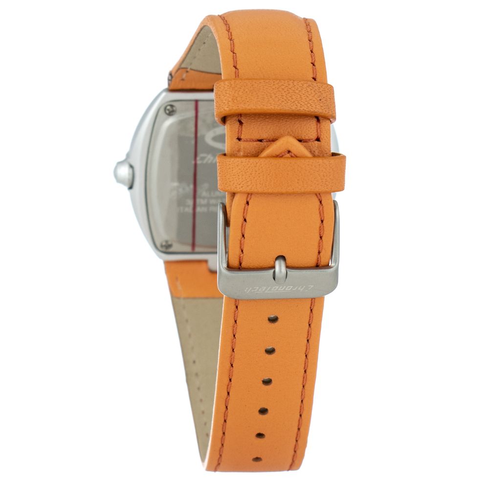 Chronotech Orange Leather Dress Watch with buckle closure and grey aluminum case, featuring analog display and quartz mechanism.