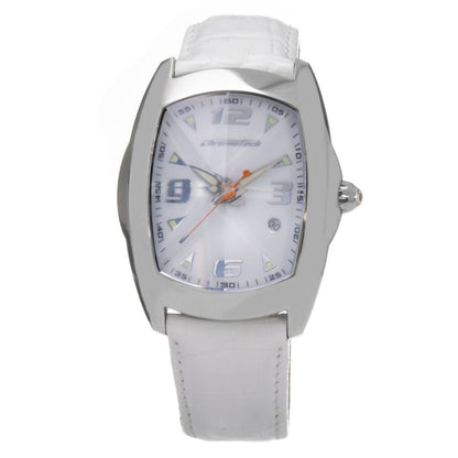 Chronotech White Leather Dress Watch with silver steel case, white leather bracelet, and analog display