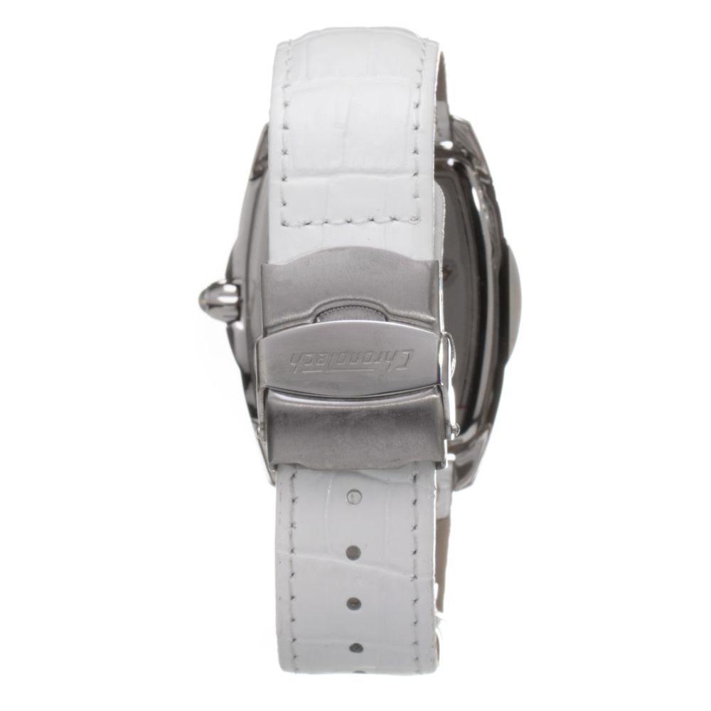 Back view of Chronotech White Leather Dress Watch with silver steel case and white leather strap.