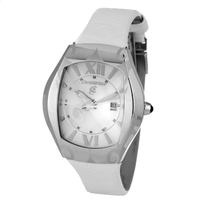 Chronotech White Leather Dress Watch with silver steel case, white dial, and quartz analog mechanism. No water resistance, mineral glass.