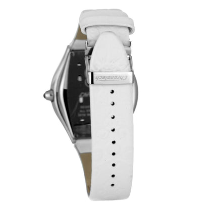 Back view of Chronotech White Leather Dress Watch with silver steel case and white leather strap.