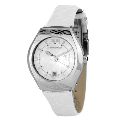 Chronotech White Leather Dress Watch with silver steel case, white dial, quartz mechanism, white leather strap, and mineral glass.