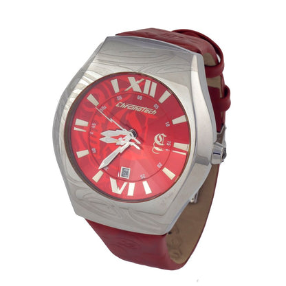 Chronotech Red Leather Dress Watch with silver steel case, red dial, and red leather strap, featuring quartz analog display.