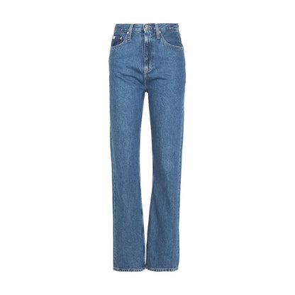 Calvin Klein Jeans Light Blue Cotton Relaxed Fit Jeans with high-rise and wide leg design made from sustainable fabric blend.