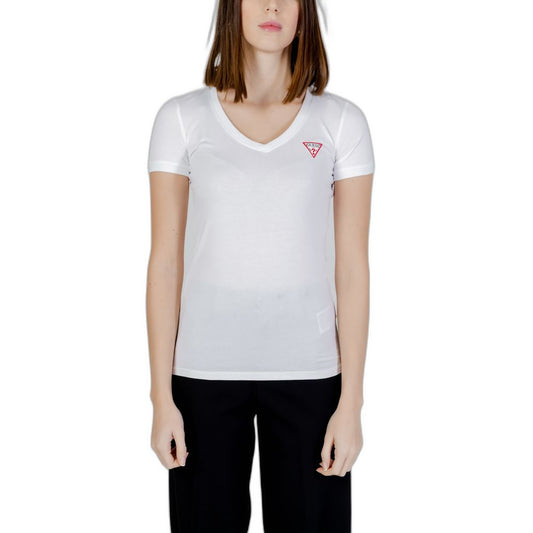 Woman wearing a Guess White Cotton T-Shirt with V-neckline and short sleeves, featuring the iconic mini Guess Triangle logo.