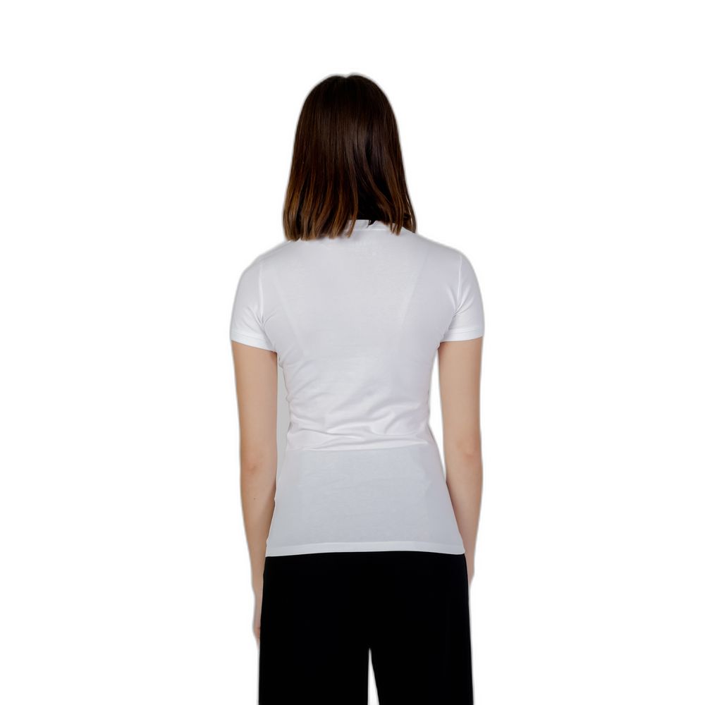 Back view of Guess White Cotton T-Shirt on woman, showcasing design and fit.
