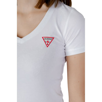 Guess White Cotton T-Shirt with mini Triangle logo, V-neck and short sleeves, showcasing a modern and feminine design.