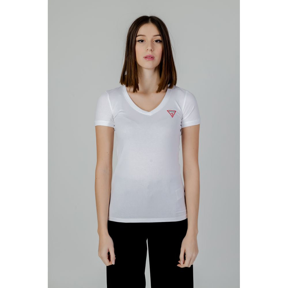 Guess White Cotton T-Shirt with V-neck and mini triangle logo, modeled by woman. Soft blend for snug fit, modern feminine design.