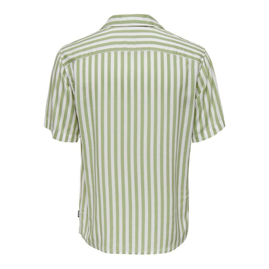 Back view of Only & Sons green striped viscose short-sleeved men's shirt, perfect for spring and summer fashion.
